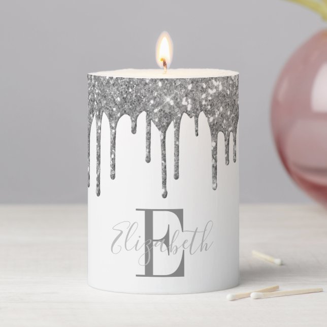 Monogram Silver Glitter Drip White Pillar Candle (In Situ)
