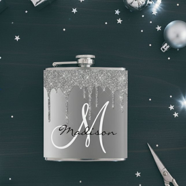 Monogram Silver Glitter Drips Girly Flask (Creator Uploaded)