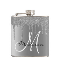 Monogram Silver Glitter Drips Girly Flask Monogram Silver Glitter Drips Girly Flask