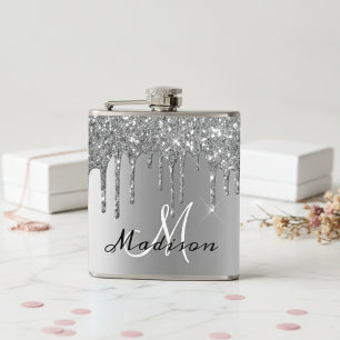 Monogram Silver Glitter Drips Girly Sparkle Flask