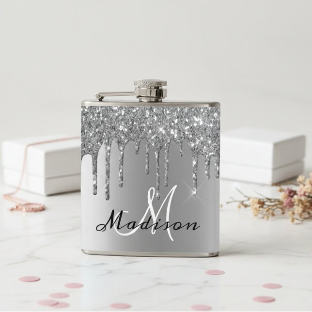 Monogram Silver Glitter Drips Girly Sparkle Flask (Creator Uploaded)