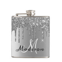 Monogram Silver Glitter Drips Girly Sparkle Flask Monogram Silver Glitter Drips Girly Sparkle Flask
