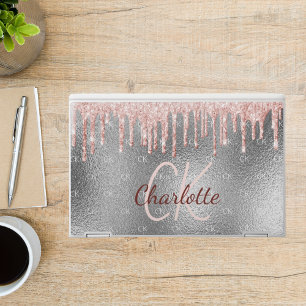 Monogram silver glitter drips rose gold luxury HP laptop skin