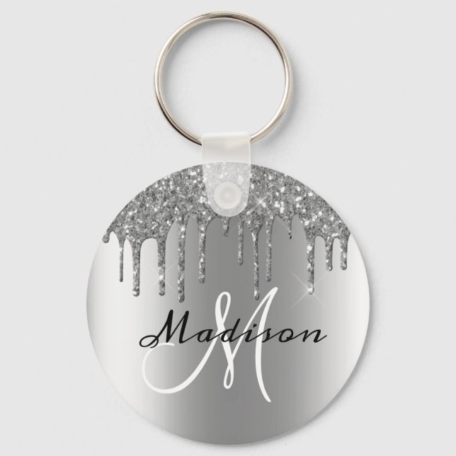 Monogram Silver Glitter Drips Sparkle Keychain (Front)
