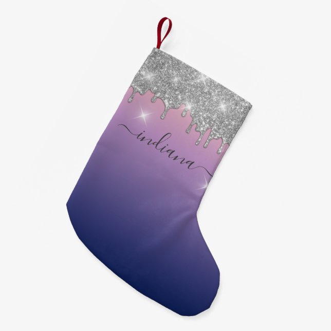 Monogram Silver Glitter Holiday Purple Ombre Name Small Christmas Stocking (Front (Hanging))