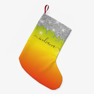 Monogram Silver Glitter Holiday Red Yellow Ombre Small Christmas Stocking