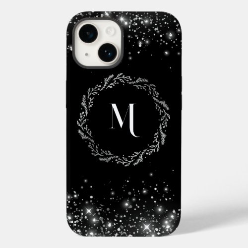 Monogram Silver Glitter In Black Background Case_Mate iPhone 14 Case