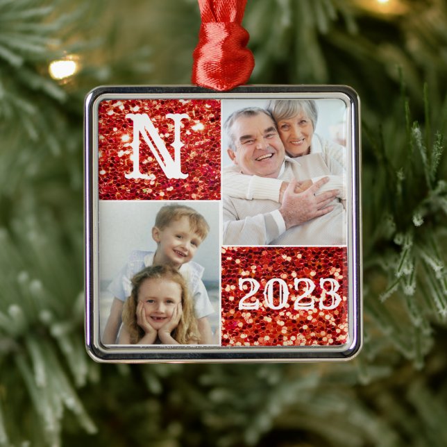 Monogram Silver Glitter Photo Christmas Holiday  Metal Ornament (Tree)