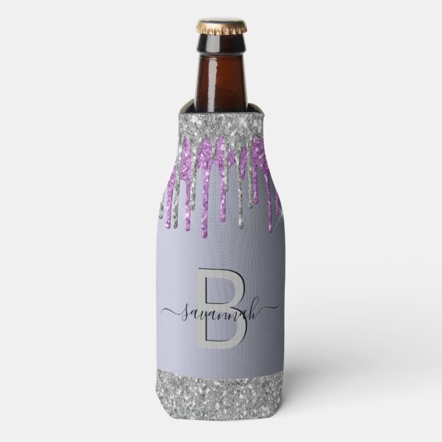 Monogram silver glitter purple name monogram bottle cooler (Bottle Front)