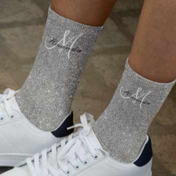 Monogram Silver Glitter Sparkle Personalized Socks by ColorFlowCreations at Zazzle
