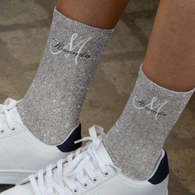 Monogram Silver Glitter Sparkle Personalized Socks (Creator Uploaded)