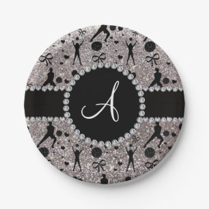 Monogram silver glitter volleyball players paper plates