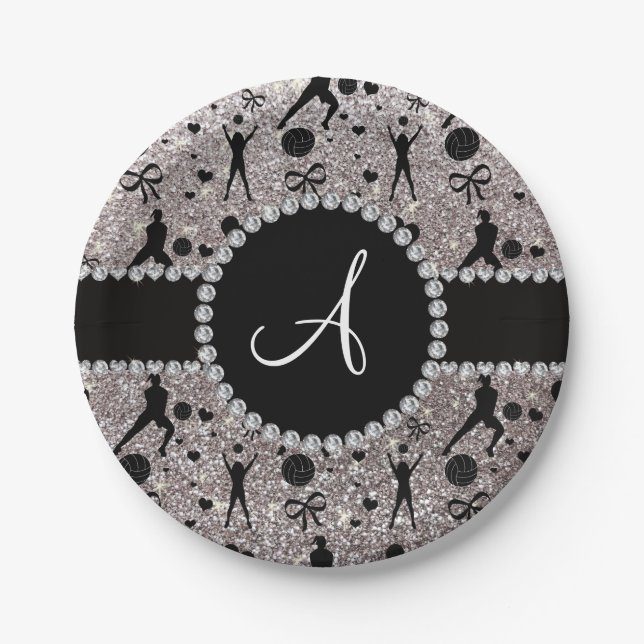 Monogram silver glitter volleyball players paper plates (Front)