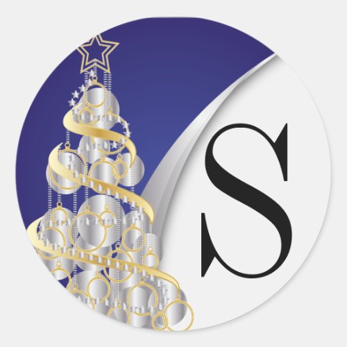 Monogram Silver Gold and Blue Merry Christmas Classic Round Sticker