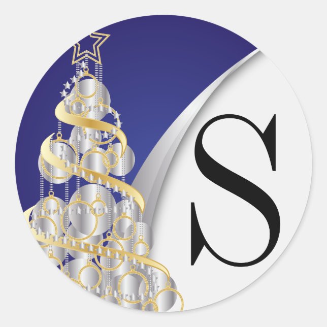 Monogram Silver, Gold and Blue Merry Christmas Classic Round Sticker (Front)