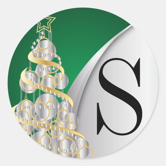 Monogram Silver, Gold and Green Merry Christmas Classic Round Sticker (Front)