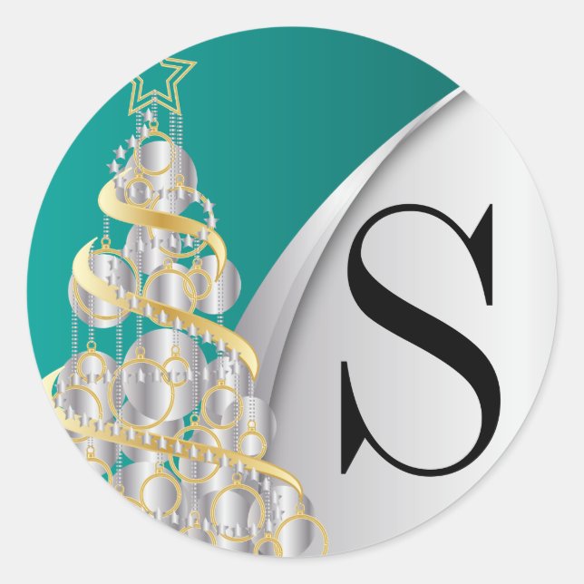Monogram Silver, Gold and Teal Merry Christmas Classic Round Sticker (Front)