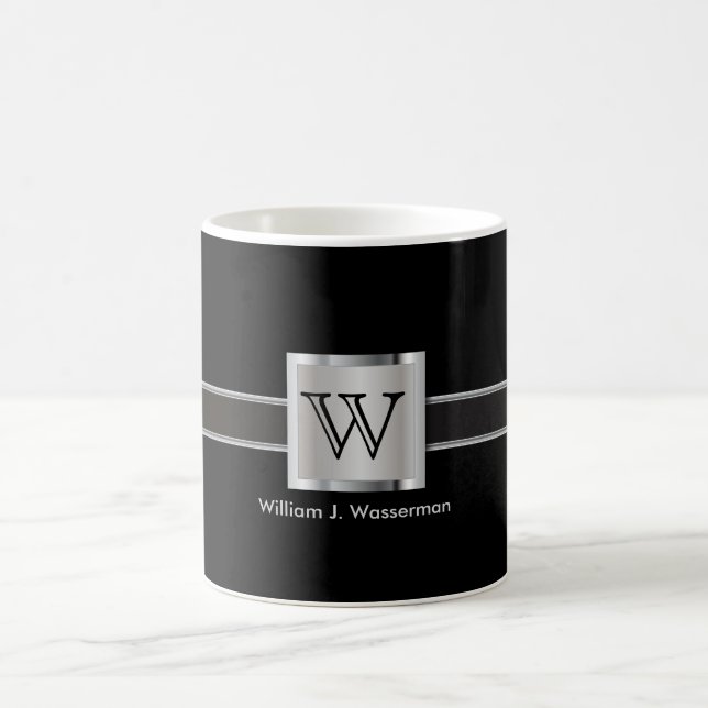 Monogram Silver, Gray and Black Coffee Mug (Center)