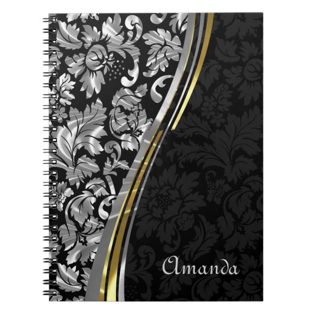 Monogram Silver Gray And Black Damask Notebook (Front)