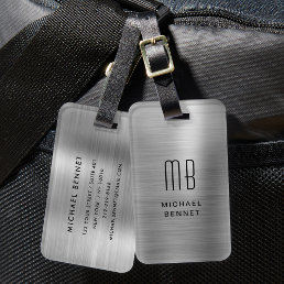 Monogram Silver Gray Brushed Faux Metallic Print Luggage Tag