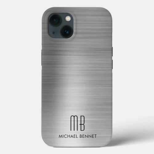 Monogram Silver Gray Brushed Metal iPhone 13 Case