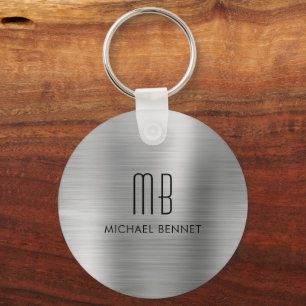 Monogram Silver Gray Faux Brushed Metal Keychain