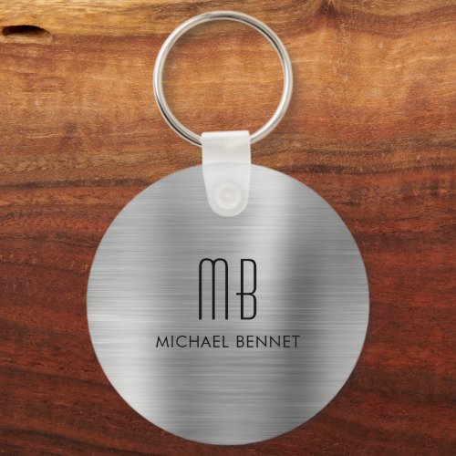 Monogram Silver Gray Faux Brushed Metal Keychain