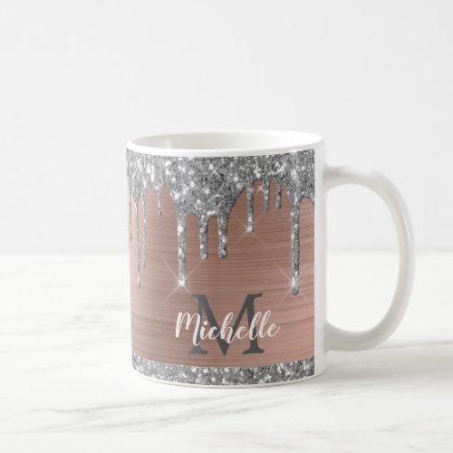 Monogram Silver Gray Glitter Drips Rose Gold Metal Coffee Mug