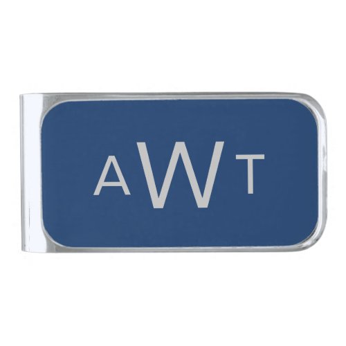 Monogram Silver Gray Navy Blue Traditional Classic Silver Finish Money Clip