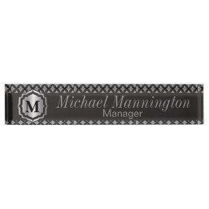 Monogram Silver Gray Pattern Desk Name Plate