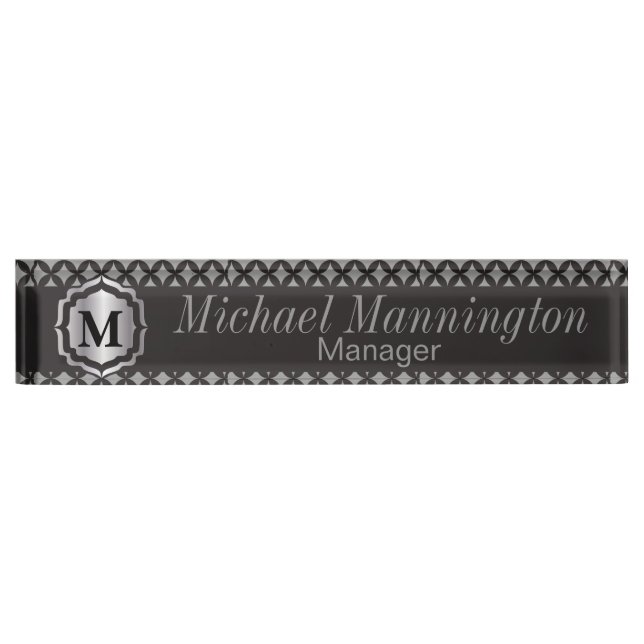 Monogram Silver Gray Pattern Desk Name Plate (Front)