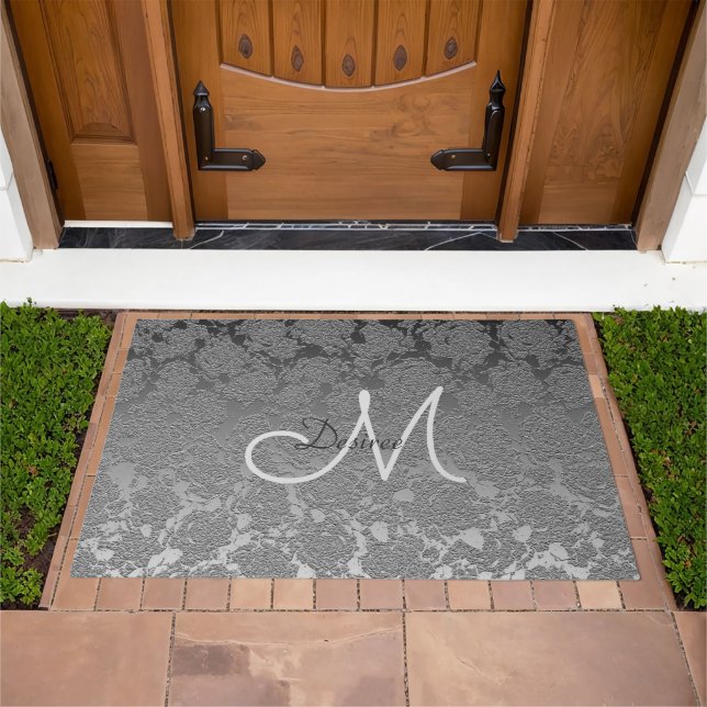 Monogram Silver Grey Elegant Floral Modern Art Doormat (Outdoor)