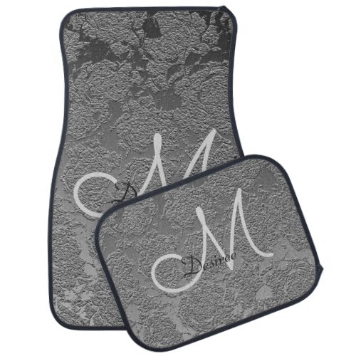 Monogram Silver Grey Floral Modern Classy Car Floor Mat