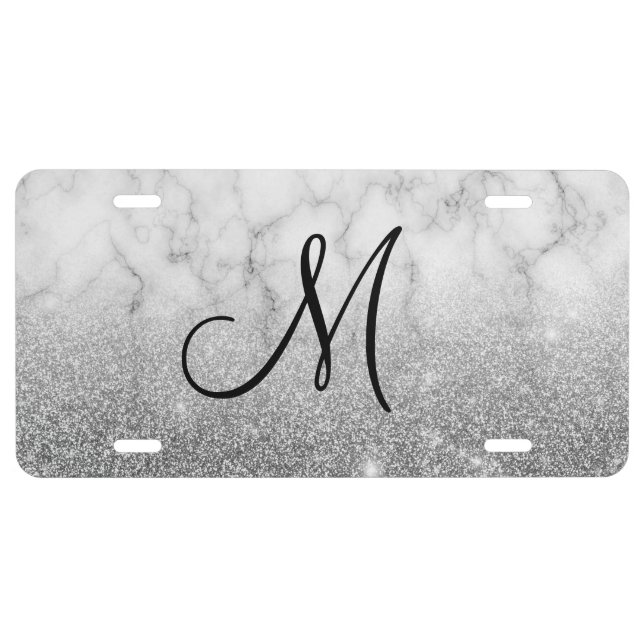Monogram Silver Grey Glitter Ombre Trendy Marble License Plate (Front)