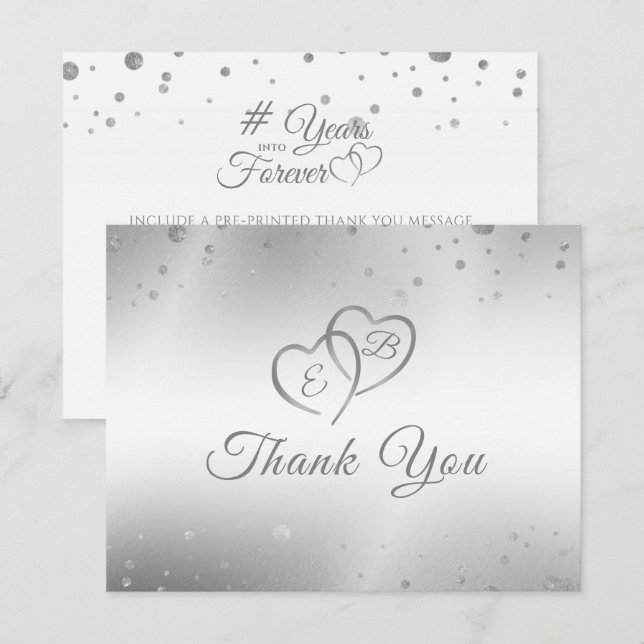  Monogram Silver Heart Years Into Forever Thank You Card (Front/Back)