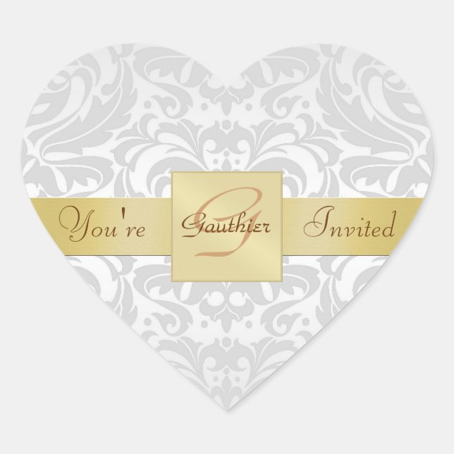 Monogram Silver Metal Damask Heart Sticker (Front)