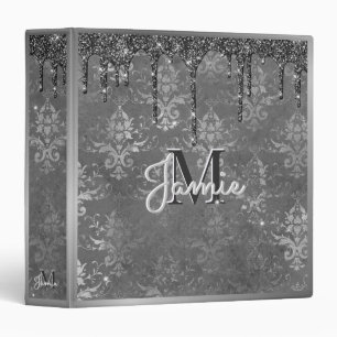 Monogram Silver Metallic Black Glitter Grey Damask 3 Ring Binder