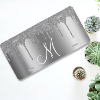 Monogram Silver Metallic Glitter Drips License Plate by ColorFlowCreations at Zazzle
