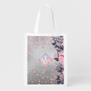 Monogram Silver Navy Rosegold Girly Newlyweds Gift Grocery Bag