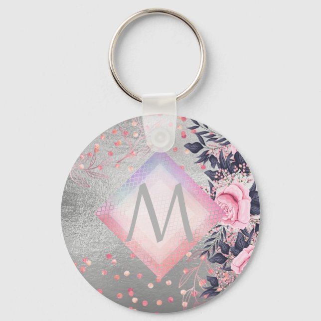 Monogram Silver Navy Rosegold Girly Newlyweds Gift Keychain (Front)