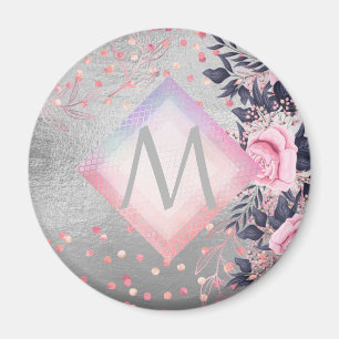 Monogram Silver Navy Rosegold Girly Newlyweds Gift Magnet