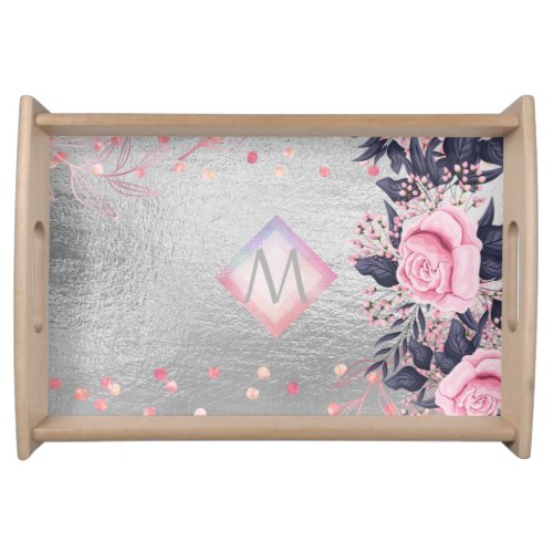 Monogram Silver Navy Rosegold Girly Newlyweds Gift Serving Tray