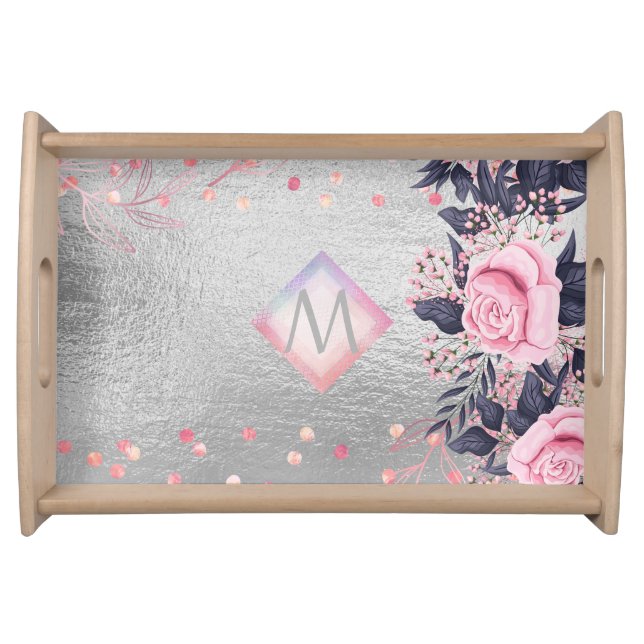Monogram Silver Navy Rosegold Girly Newlyweds Gift Serving Tray (Front)