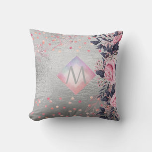 Monogram Silver Navy Rosegold Girly Newlyweds Gift Throw Pillow