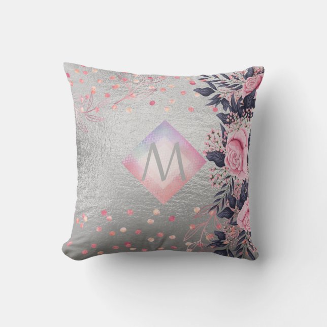Monogram Silver Navy Rosegold Girly Newlyweds Gift Throw Pillow (Front)