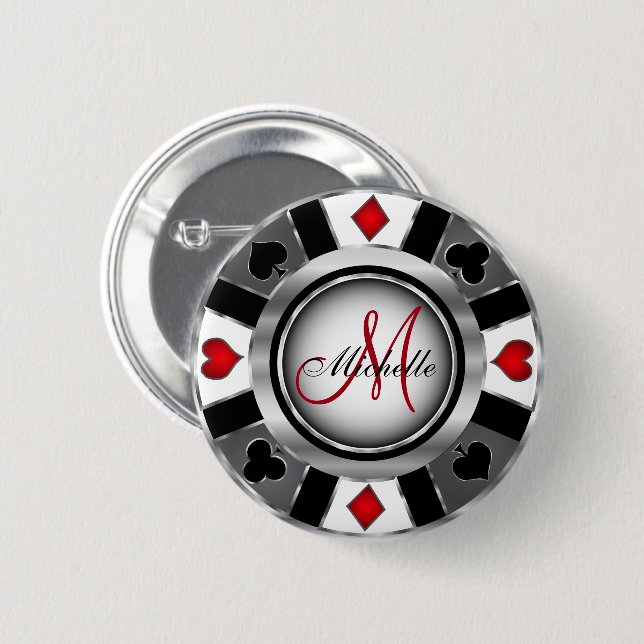 Monogram Silver Poker Chip Casino Design Pinback Button (Front & Back)
