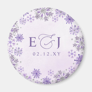 Monogram Silver Purple Snowflakes Winter Wedding Magnet