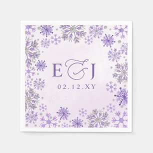 Monogram Silver Purple Snowflakes Winter Wedding Napkins
