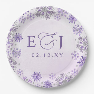Monogram Silver Purple Snowflakes Winter Wedding Paper Plates