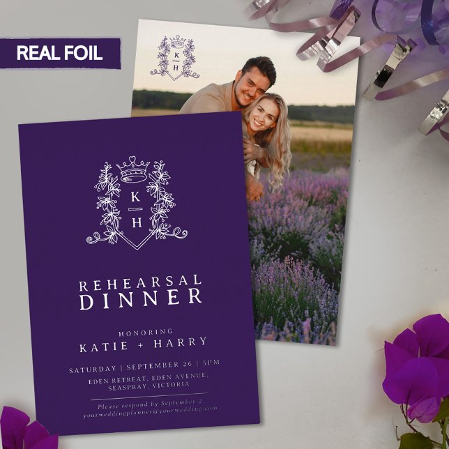 Monogram silver purple wedding rehearsal dinner foil invitation (Creator Uploaded)